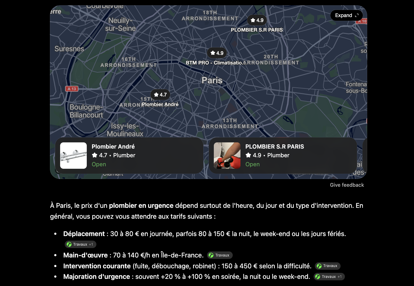 Réponse ChatGPT sur le prix d'un plombier en urgence à Paris, avec les tarifs détaillés et les sources Travaux citées