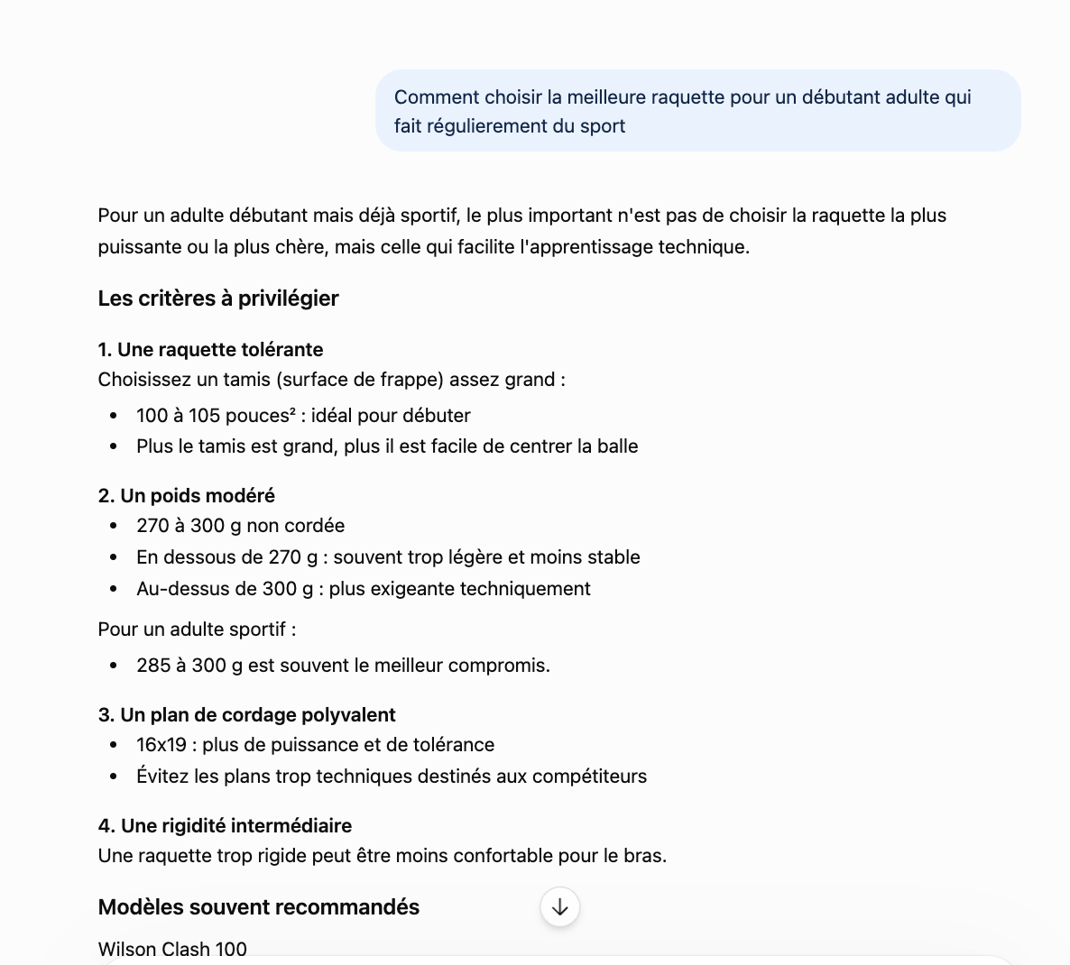 Réponse ChatGPT à « Comment choisir la meilleure raquette pour un débutant adulte » : aucun lien cliquable