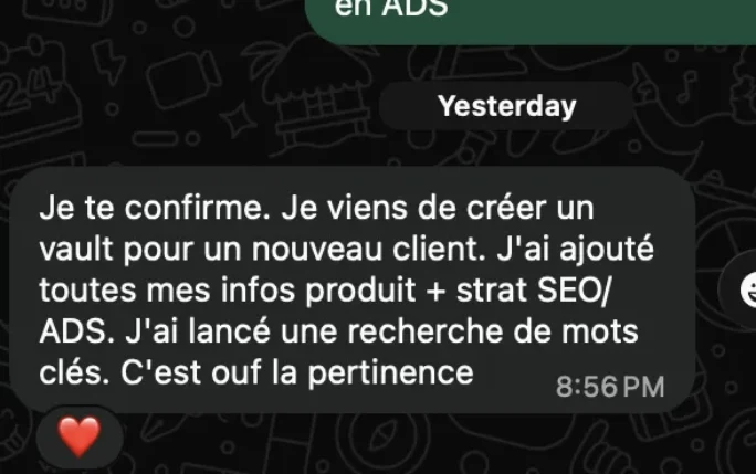 Message WhatsApp d’un participant : il vient de lancer une recherche de mots-clés pour un nouveau client